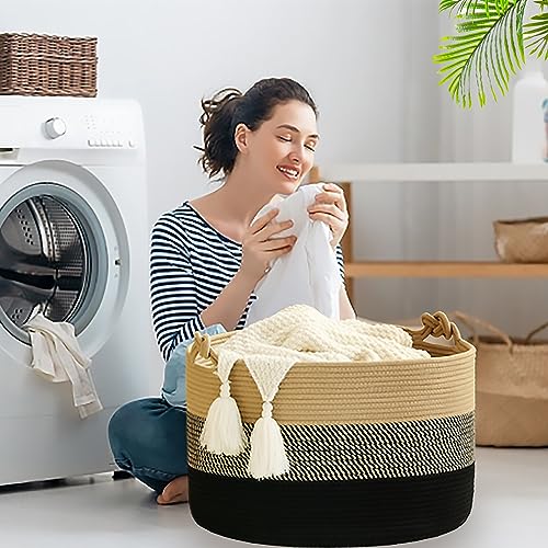 KAKAMAY Large Blanket Basket (20"x13"),Woven Rope Baskets for storage Baby Laundry Hamper, Cotton Rope Blanket Basket for Living Room, Laundry, Nursery, Pillows,Baby Toy chest (Jute/Black) - Image 5