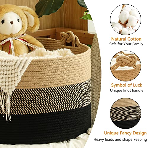 KAKAMAY Large Blanket Basket (20"x13"),Woven Rope Baskets for storage Baby Laundry Hamper, Cotton Rope Blanket Basket for Living Room, Laundry, Nursery, Pillows,Baby Toy chest (Jute/Black) - Image 2