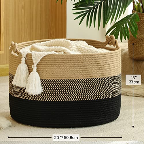 KAKAMAY Large Blanket Basket (20"x13"),Woven Rope Baskets for storage Baby Laundry Hamper, Cotton Rope Blanket Basket for Living Room, Laundry, Nursery, Pillows,Baby Toy chest (Jute/Black) - Image 3