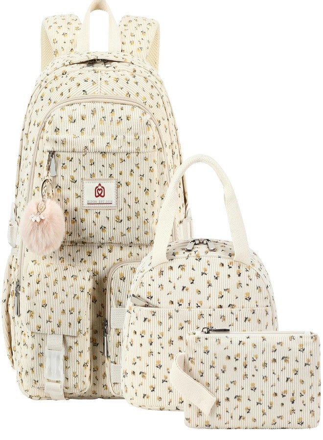 Hidds School Backpack with Lunch Box Laptop College Backpacks Corduroy Students Bookbag with Lunch Bag for Teens Girls Women, 19-corduroy Beige Floral Set, 17 x 13.5 x 7.1 inches, School Backpack Set - Image 1