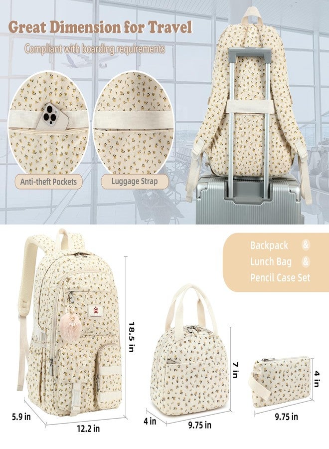 Hidds School Backpack with Lunch Box Laptop College Backpacks Corduroy Students Bookbag with Lunch Bag for Teens Girls Women, 19-corduroy Beige Floral Set, 17 x 13.5 x 7.1 inches, School Backpack Set - Image 3