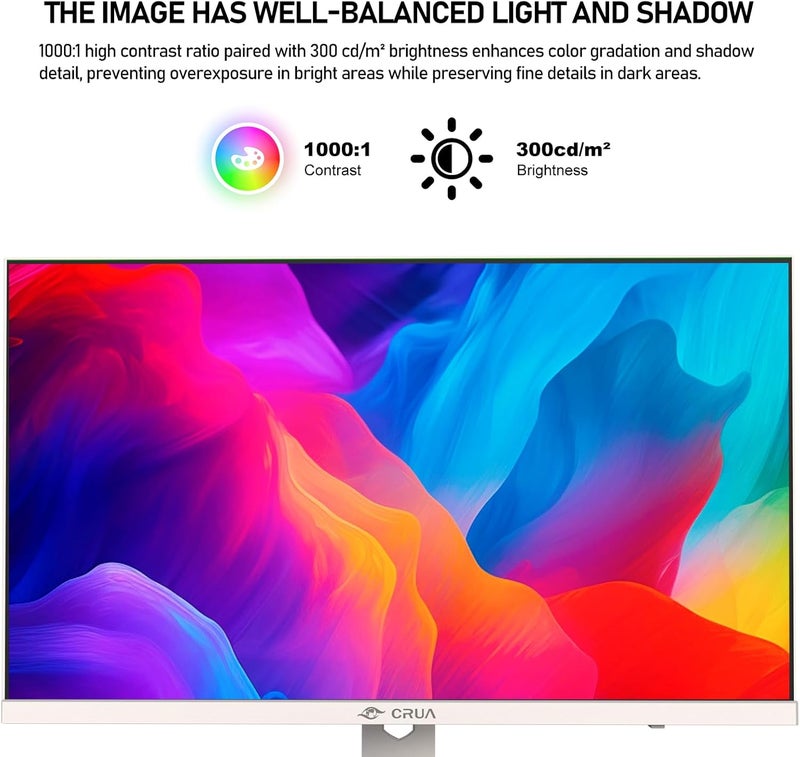 CRUA شاشة ألعاب 27 بوصة 4K 60Hz IPS مسطحة، دقة UHD (3840x2160P)، 120% sRGB، HDR، مكبر صوت مدمج، إضاءة خلفية RGB، مناسبة للمنزل والمكتب وتصميم الصور والفيديو - أبيض - Image 5