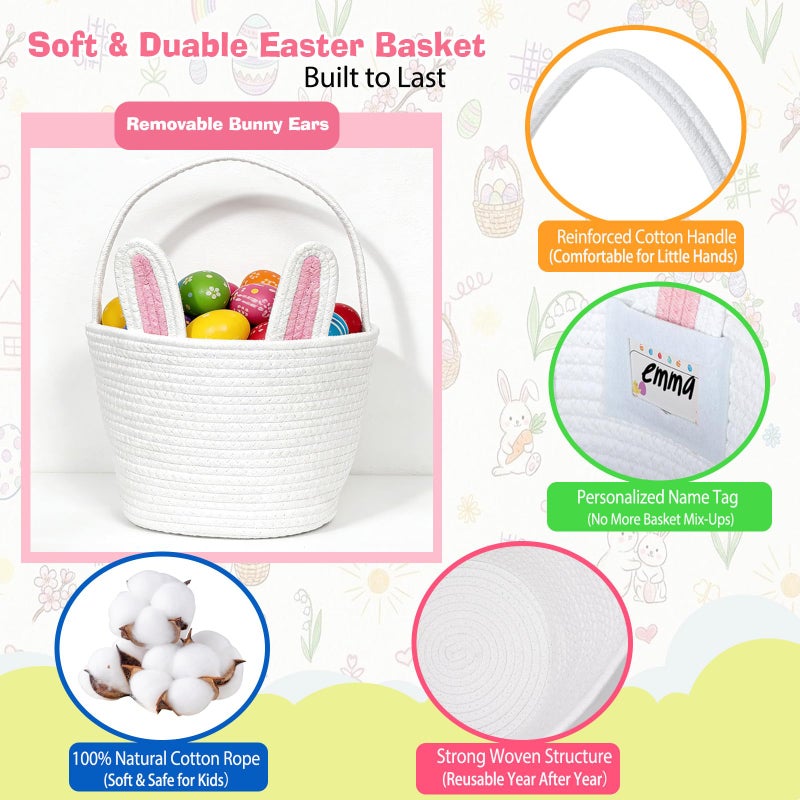 BEIYANA Easter Basket for Kids, Cute Bunny Easter Basket with Removable Ears & Writable Name Tag, Personalized Cotton Rope Woven Empty Easter Basket, First Easter Gift for Toddlers Boys Girls (Pink) - Image 3
