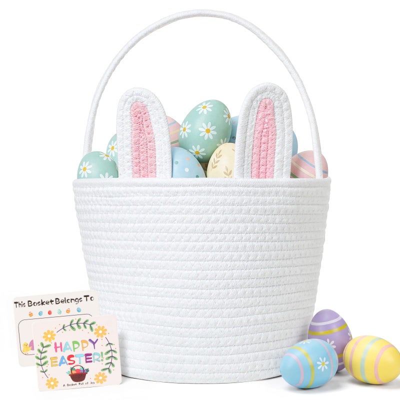 BEIYANA Easter Basket for Kids, Cute Bunny Easter Basket with Removable Ears & Writable Name Tag, Personalized Cotton Rope Woven Empty Easter Basket, First Easter Gift for Toddlers Boys Girls (Pink) - Image 1