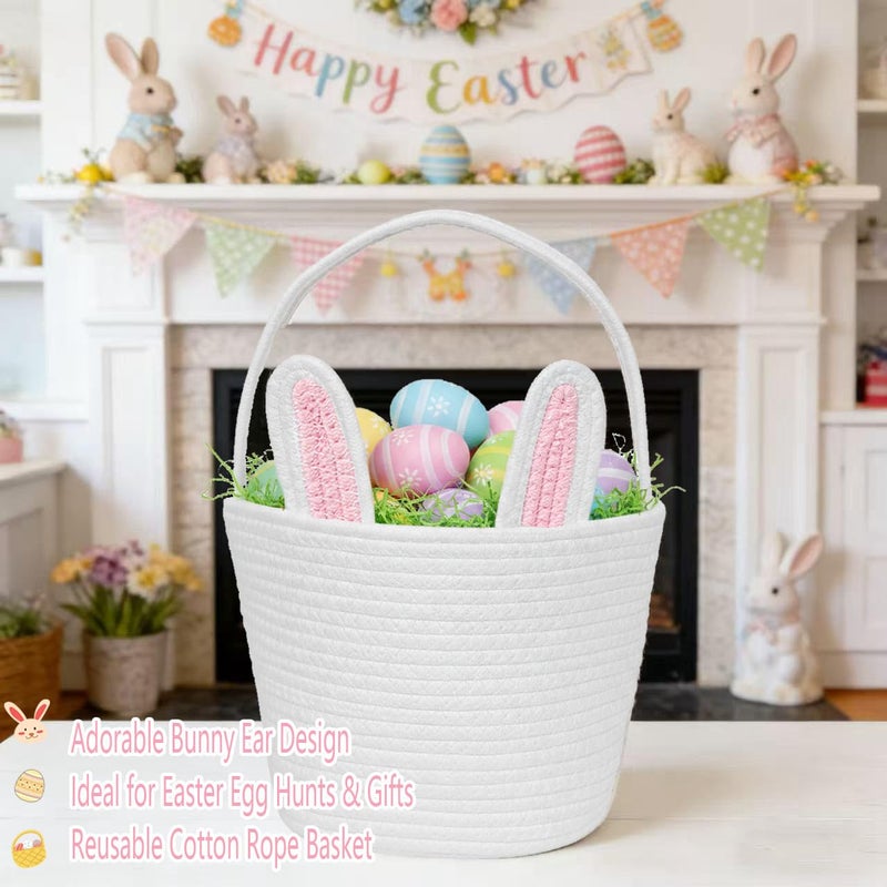 BEIYANA Easter Basket for Kids, Cute Bunny Easter Basket with Removable Ears & Writable Name Tag, Personalized Cotton Rope Woven Empty Easter Basket, First Easter Gift for Toddlers Boys Girls (Pink) - Image 5