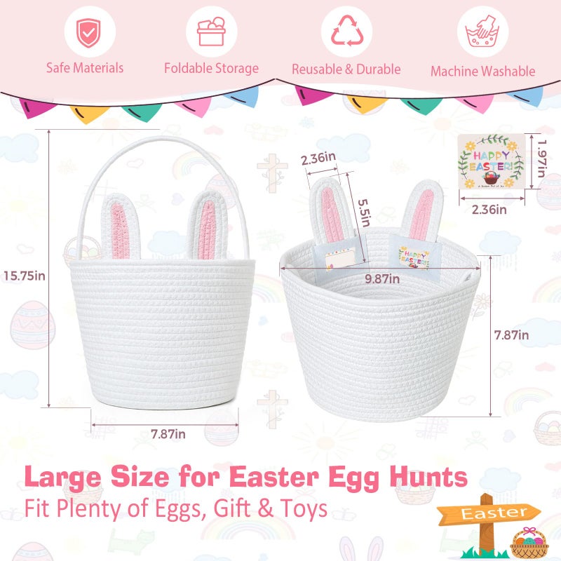 BEIYANA Easter Basket for Kids, Cute Bunny Easter Basket with Removable Ears & Writable Name Tag, Personalized Cotton Rope Woven Empty Easter Basket, First Easter Gift for Toddlers Boys Girls (Pink) - Image 2