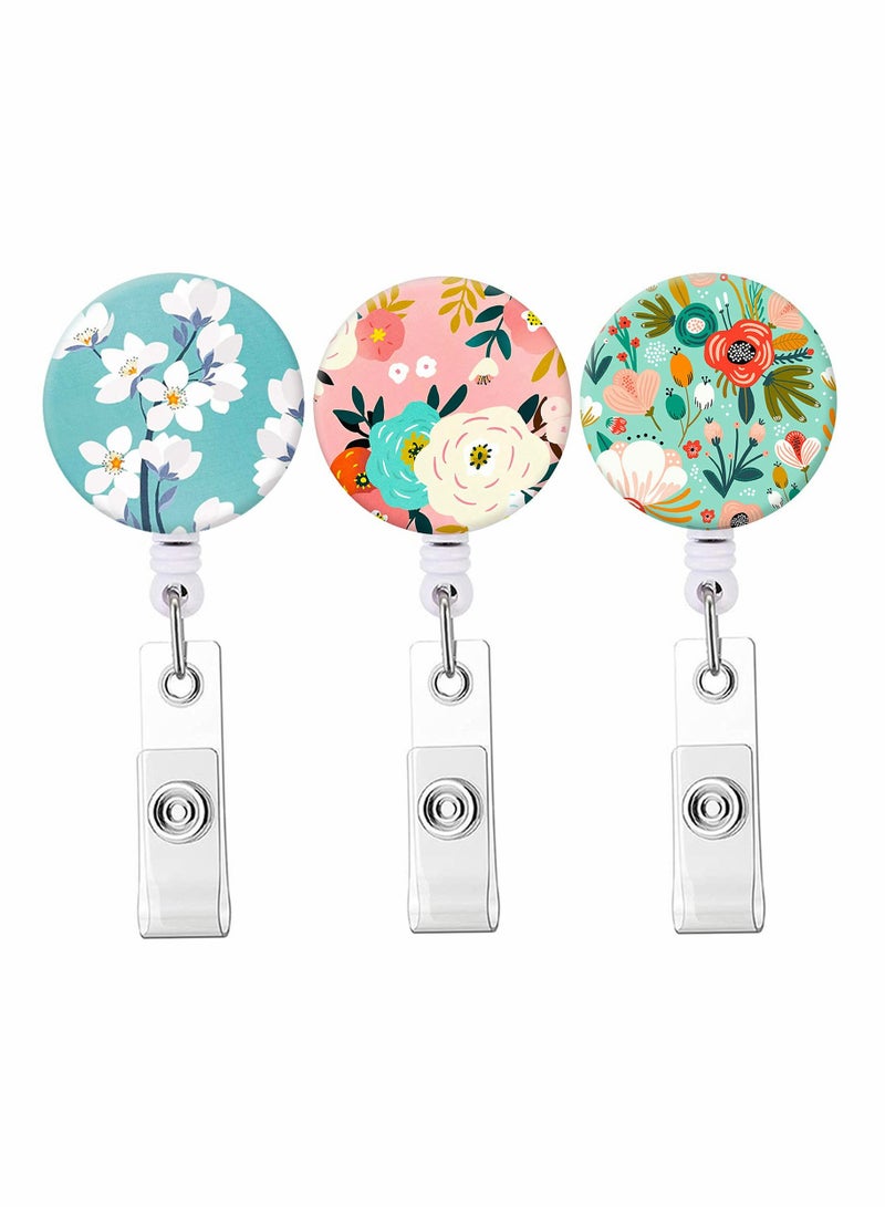Excefore Badge Reel, Retractable Badge Holder with Alligator Clip, Cute Badge Clip on ID Name Card Holders for Nurse Doctor and Office (3Pack Floral Flowers) - Image 1