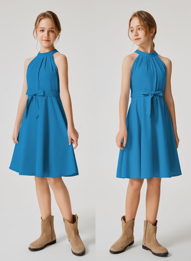 Quedoris Girls Halter Neck Sleeveless Belted Dress with Zipper Peacock Blue 140Y - Image 3