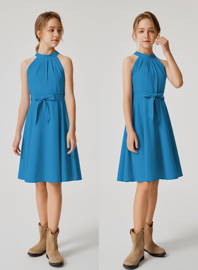 Quedoris Girls Halter Neck Sleeveless Belted Dress with Zipper Peacock Blue 140Y - Image 2