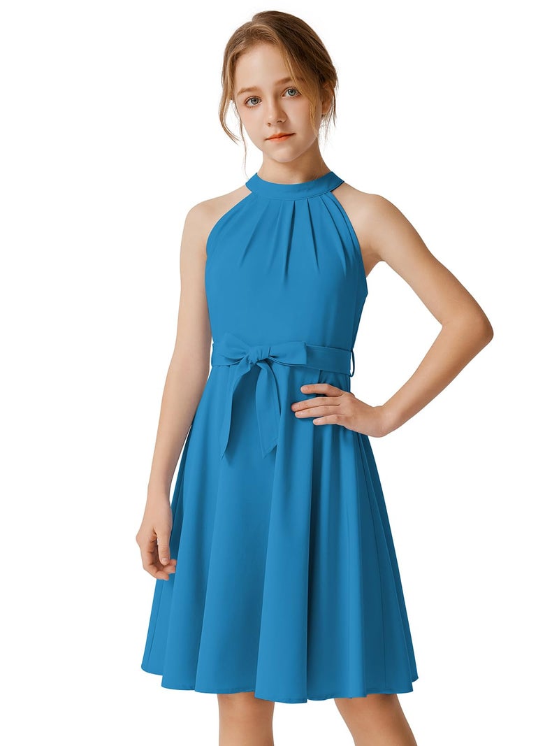 Quedoris Girls Halter Neck Sleeveless Belted Dress with Zipper Peacock Blue 140Y - Image 1