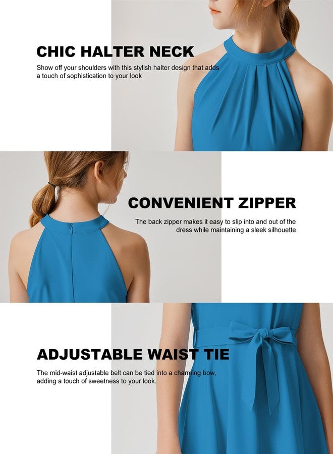 Quedoris Girls Halter Neck Sleeveless Belted Dress with Zipper Peacock Blue 140Y - Image 5