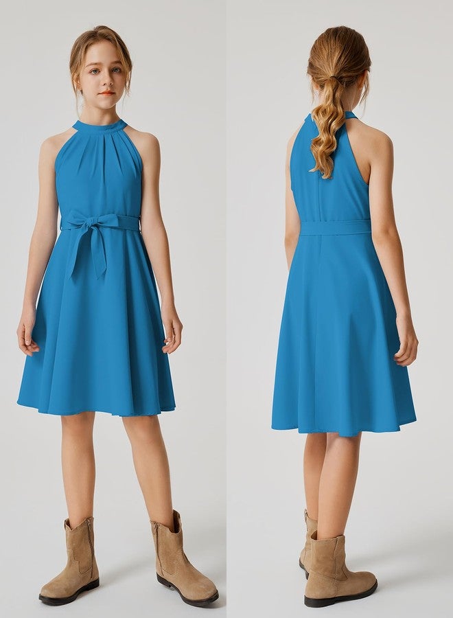 Quedoris Girls Halter Neck Sleeveless Belted Dress with Zipper Peacock Blue 140Y - Image 4
