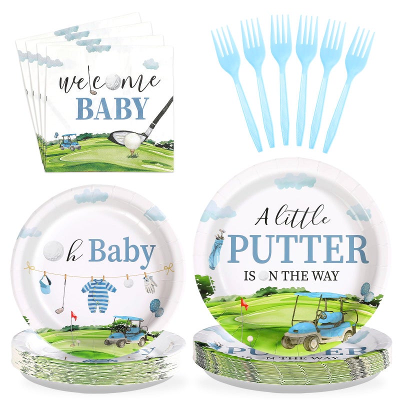 Grencian 96Pcs Golf Baby Shower Party Supplies A Little Putter Plates and Napkins Tableware Sets Green and Blue Decoration for Baby Shower Newborn Pregnancy Boy Girl Birthday Party Serve 24 - Image 1