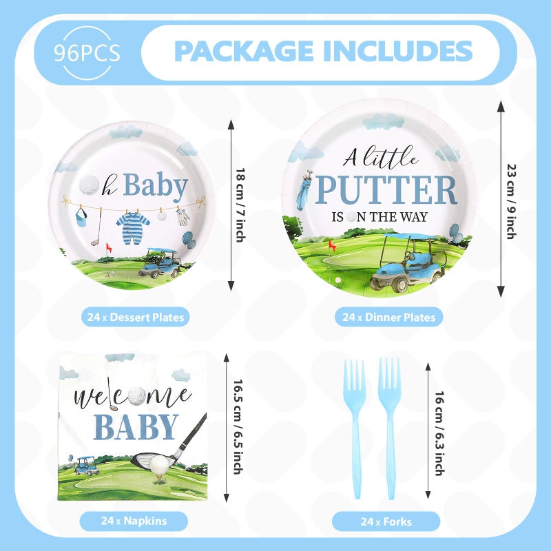 Grencian 96Pcs Golf Baby Shower Party Supplies A Little Putter Plates and Napkins Tableware Sets Green and Blue Decoration for Baby Shower Newborn Pregnancy Boy Girl Birthday Party Serve 24 - Image 2