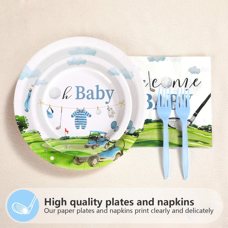 Grencian 96Pcs Golf Baby Shower Party Supplies A Little Putter Plates and Napkins Tableware Sets Green and Blue Decoration for Baby Shower Newborn Pregnancy Boy Girl Birthday Party Serve 24 - Image 3