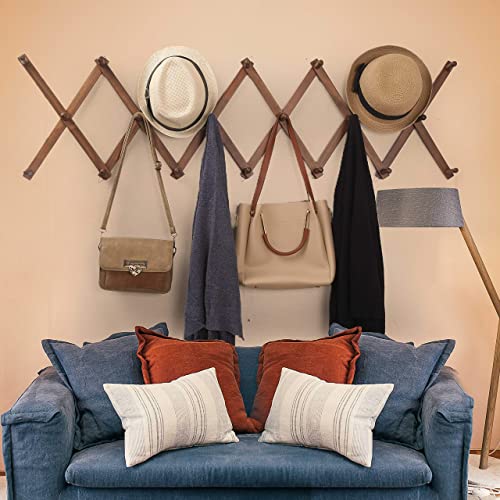 WEBI Accordion Wall Hanger,Expandable Wooden Coat Rack Wall Mounted,Accordion Hat Rack for Wall,Accordion Hook Rack for Hats,Caps,20 Peg Hooks,Walnut Color - Image 4