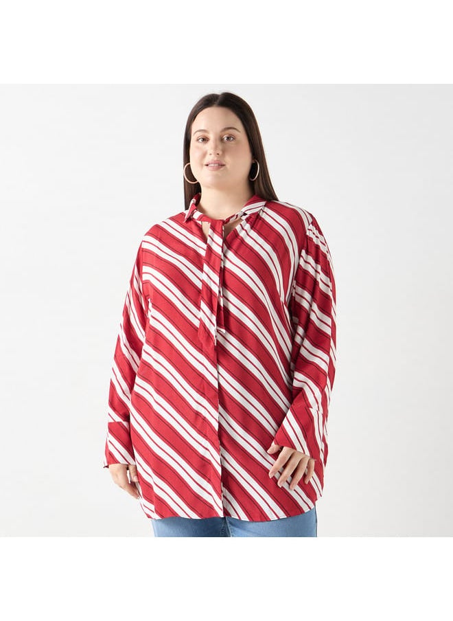 Ulla Popken Plus Size Ulla Popken Striped Shirt with Tie-Up Detail  - Image 1