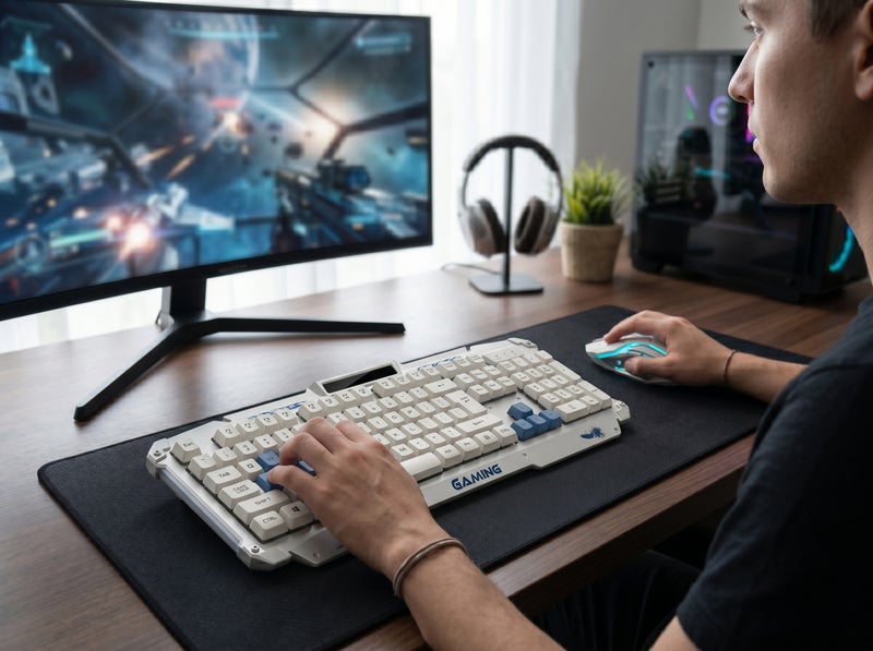 HK1868 Gaming Keyboard in White with Blue Keys - Ergonomic Non-Slip Design for Extended Gaming Sessions - Image 5