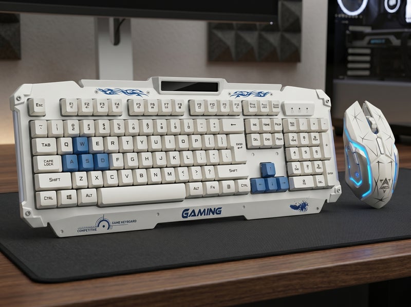 HK1868 Gaming Keyboard in White with Blue Keys - Ergonomic Non-Slip Design for Extended Gaming Sessions - Image 2