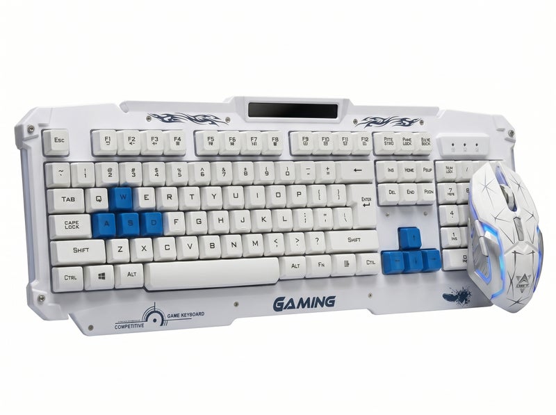 HK1868 Gaming Keyboard in White with Blue Keys - Ergonomic Non-Slip Design for Extended Gaming Sessions - Image 1