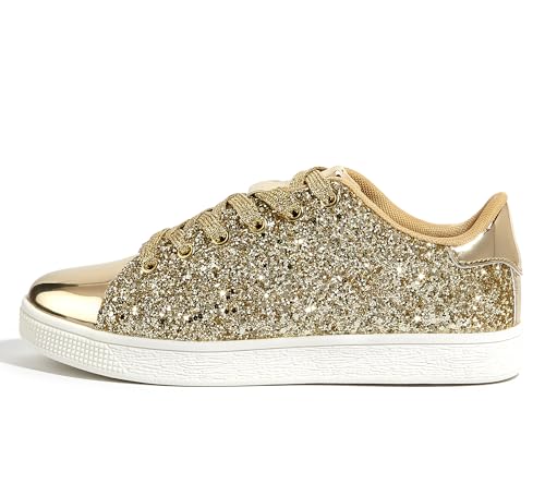 LUCKY STEP Glitter Shoes Sparkly Bling Shiny Bedazzled Lace up Fashion Sneakers for Women (All Gold,9 B(M) US) - Image 1