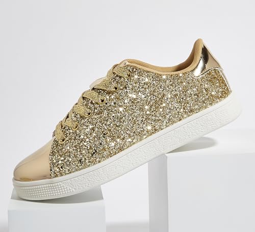 LUCKY STEP Glitter Shoes Sparkly Bling Shiny Bedazzled Lace up Fashion Sneakers for Women (All Gold,9 B(M) US) - Image 4