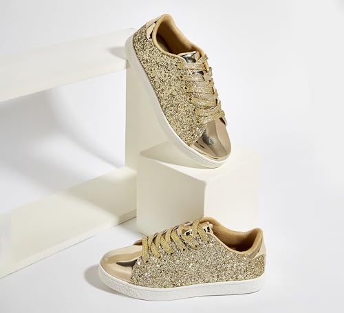 LUCKY STEP Glitter Shoes Sparkly Bling Shiny Bedazzled Lace up Fashion Sneakers for Women (All Gold,9 B(M) US) - Image 5