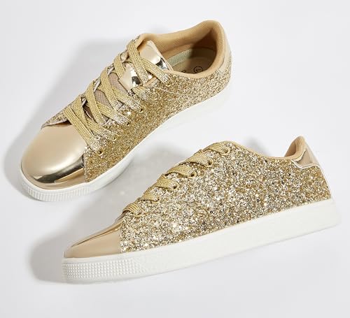 LUCKY STEP Glitter Shoes Sparkly Bling Shiny Bedazzled Lace up Fashion Sneakers for Women (All Gold,9 B(M) US) - Image 2