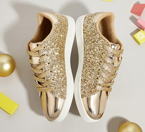 LUCKY STEP Glitter Shoes Sparkly Bling Shiny Bedazzled Lace up Fashion Sneakers for Women (All Gold,9 B(M) US) - Image 3