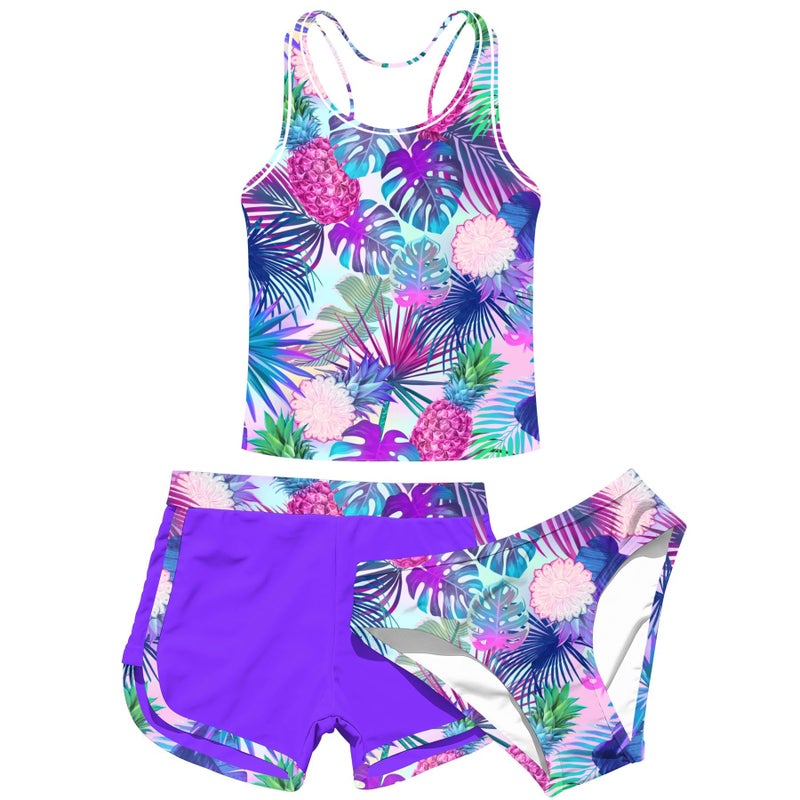 uideazone Big Girls 3 Piece Bathing Suits Size 14 Hawaiian Tropical Style Racer Back Swimsuit with Purple Shorts Dry Quick Tankini Swimwear Sets 14-15 Years - Image 1