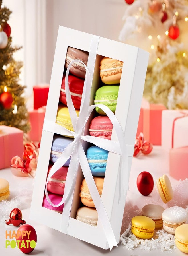 HAPPY POTATO 15 Pack Macaron Boxes for 12, 7.2×4×1.9 Inches, Macaron Packaging Box with Ribbon, White Macaron Boxes with Clear Window - Image 2
