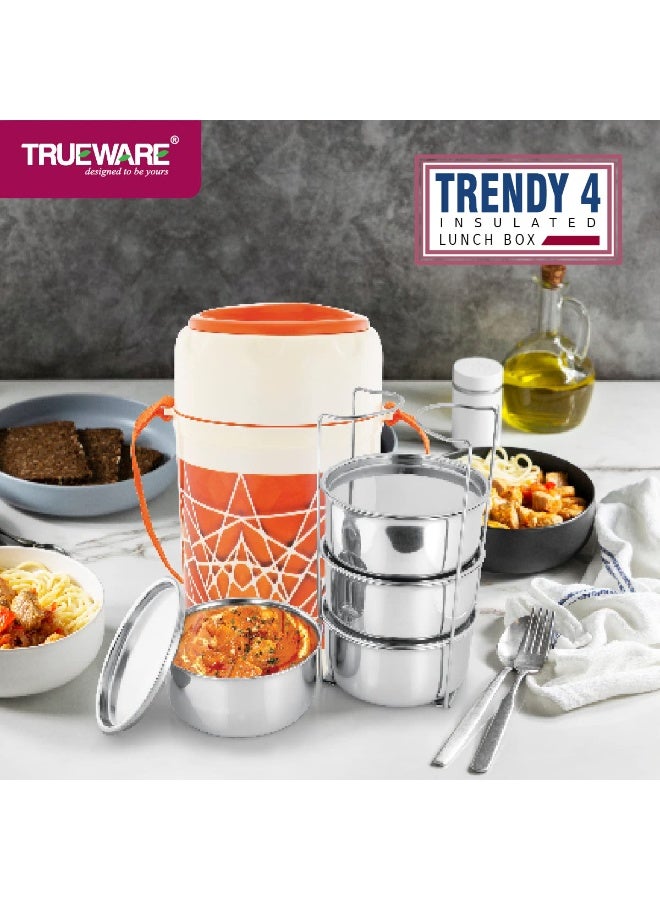 Trueware Trendy 4 Inner Steel Outer Plastic thermoware Lunch Box | 4 Container 300 ML Each-Orange | PU Insulated | Lunch Box | Tiffin | Hot Lunch Box - Image 2