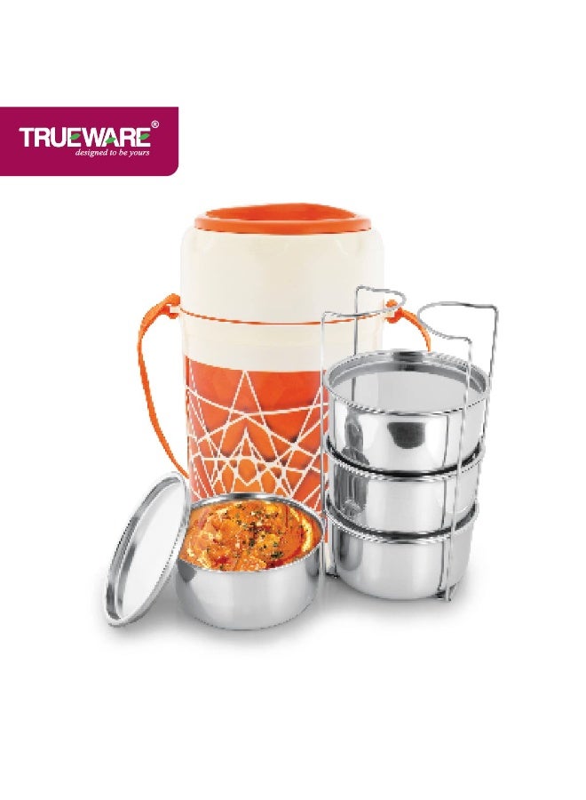 Trueware Trendy 4 Inner Steel Outer Plastic thermoware Lunch Box | 4 Container 300 ML Each-Orange | PU Insulated | Lunch Box | Tiffin | Hot Lunch Box - Image 1