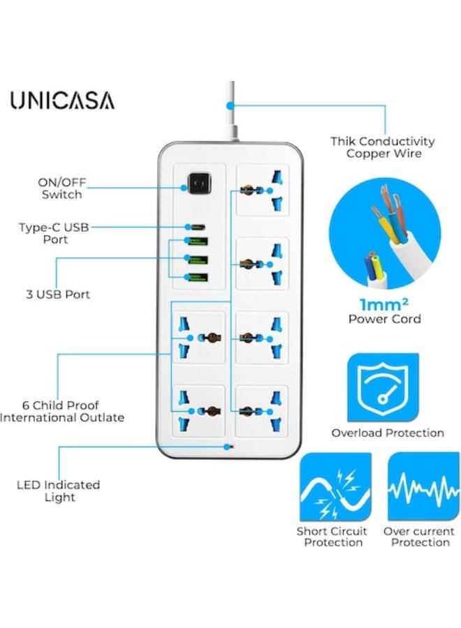 Universal 10-Outlet Extension Lead - 6-Gang UK 3-Pin Sockets + 3 USB-A + 1 USB-C Fast-Charge | 2 Meter Cable | Surge & Overload Protection | Fire-Retardant Material - Image 5