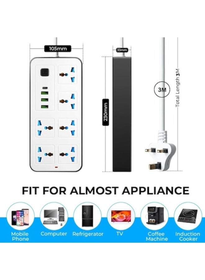 Universal 10-Outlet Extension Lead - 6-Gang UK 3-Pin Sockets + 3 USB-A + 1 USB-C Fast-Charge | 2 Meter Cable | Surge & Overload Protection | Fire-Retardant Material - Image 3