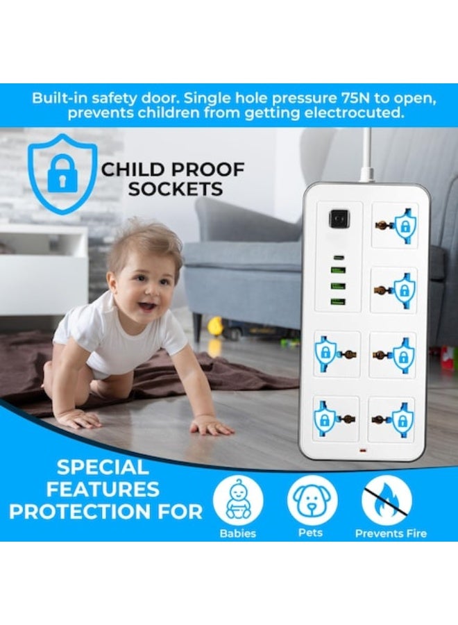 Universal 10-Outlet Extension Lead - 6-Gang UK 3-Pin Sockets + 3 USB-A + 1 USB-C Fast-Charge | 2 Meter Cable | Surge & Overload Protection | Fire-Retardant Material - Image 2