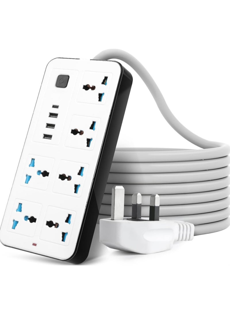 Universal 10-Outlet Extension Lead - 6-Gang UK 3-Pin Sockets + 3 USB-A + 1 USB-C Fast-Charge | 2 Meter Cable | Surge & Overload Protection | Fire-Retardant Material - Image 1