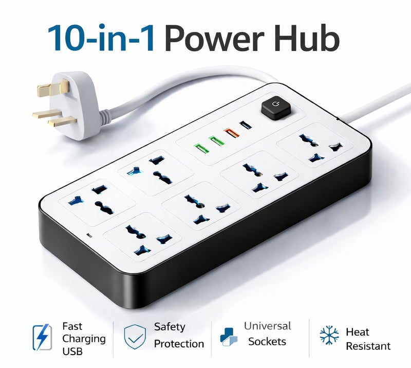 شريط تمديد كهربائي 10 في 1 مزود بمنفذ USB ومنفذ Type-C، و6 منافذ عالمية، وشحن سريع، وحماية من زيادة التيار، وقابس مزود بفيوز 13 أمبير للاستخدام المنزلي والمكتبي - Image 1
