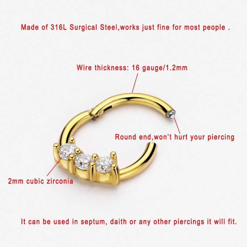 FANSING 16g Septum Rings for Women 18k Gold-plated Septum Jewelry 16 Gauge 8mm Daith Piercing Jewelry Surgical Steel Captive CZ Hoop - Image 3