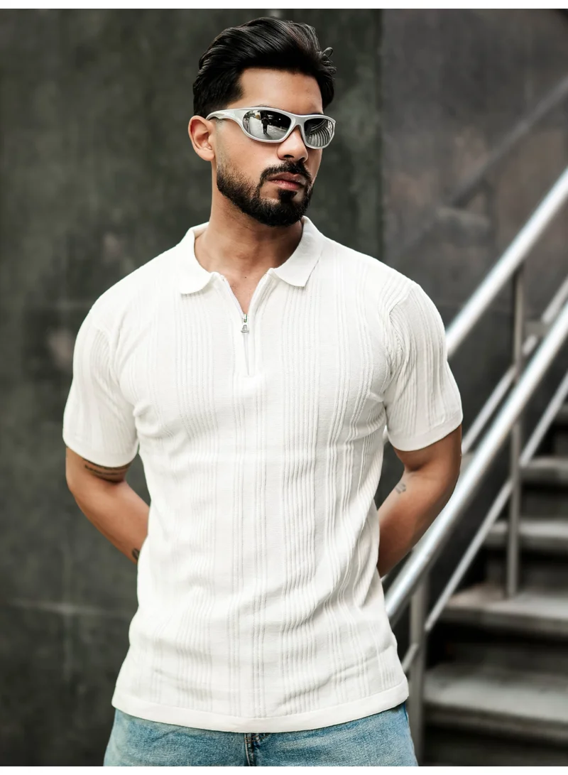 مانياك تيشيرت بولو رجالي مانياك بياقة نصف سحاب أبيض قطن بقصة ضيقة