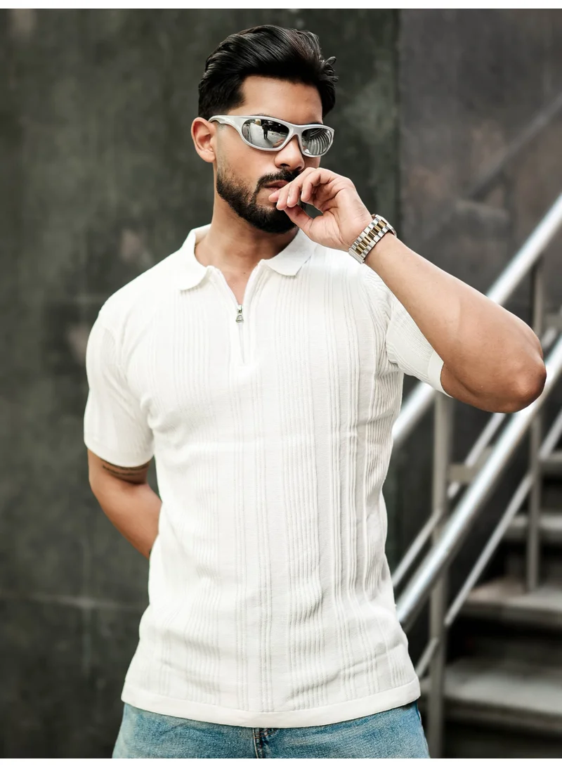 مانياك تيشيرت بولو رجالي مانياك بياقة نصف سحاب أبيض قطن بقصة ضيقة