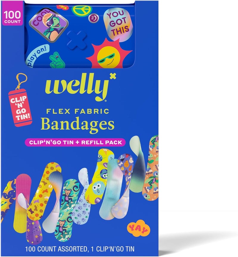 Welly Bandage Clip N Go Tin  Refill Pack  Adhesive Flexible Fabric Bandages and Tin  Assorted Shapes and Patterns for Minor Cuts Scrapes and Wounds  100 Count - Image 1