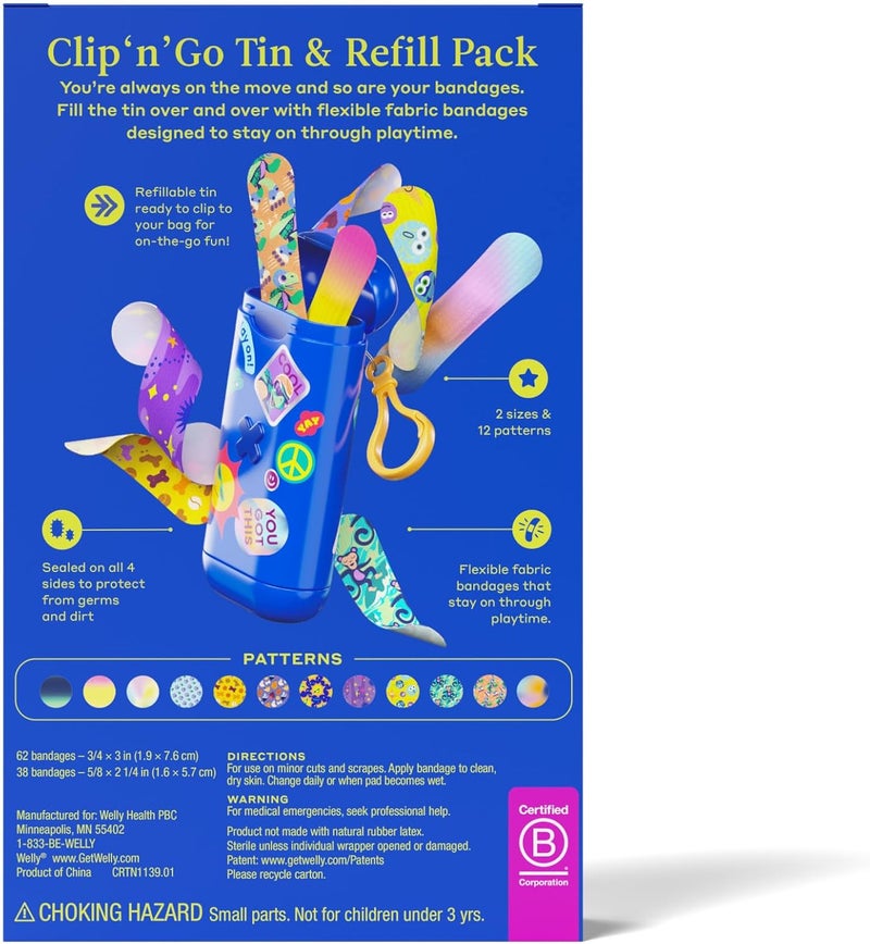 Welly Bandage Clip N Go Tin  Refill Pack  Adhesive Flexible Fabric Bandages and Tin  Assorted Shapes and Patterns for Minor Cuts Scrapes and Wounds  100 Count - Image 2