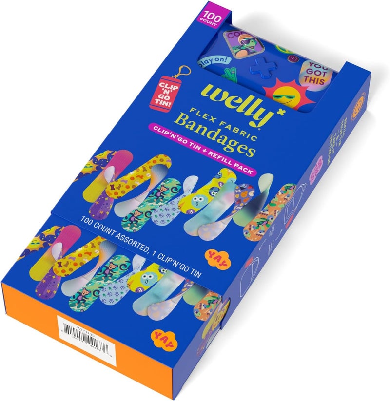 Welly Bandage Clip N Go Tin  Refill Pack  Adhesive Flexible Fabric Bandages and Tin  Assorted Shapes and Patterns for Minor Cuts Scrapes and Wounds  100 Count - Image 5