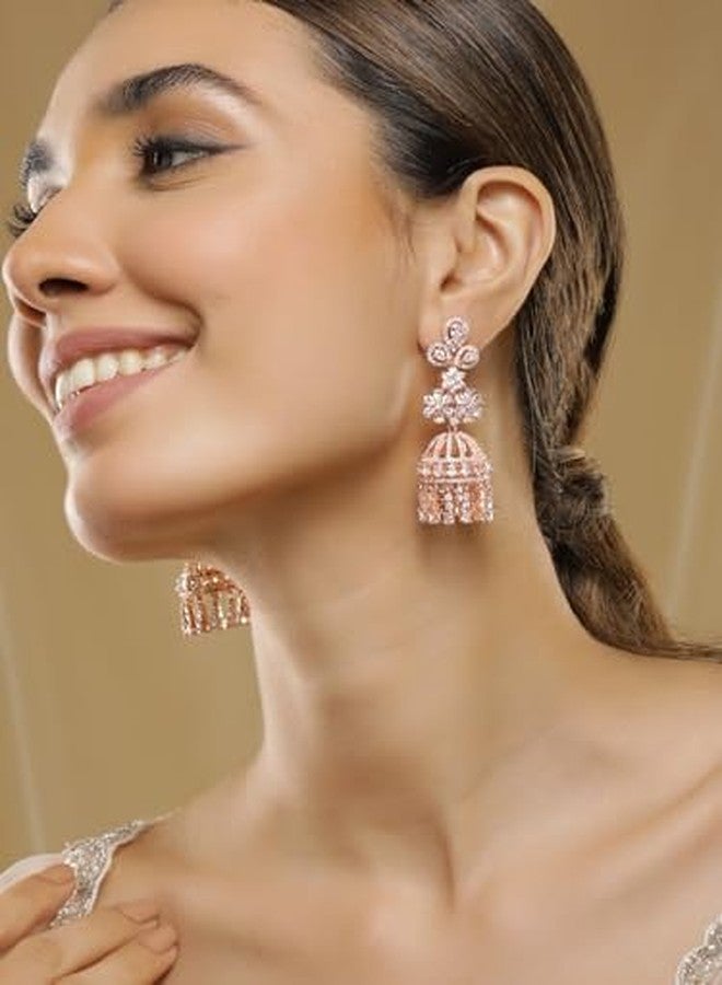 Rubans Women's & Girl's 22K Rose Gold-Plated AAA Cubic Zirconia Studded Dome-Shaped Jhumka Earrings - Image 3