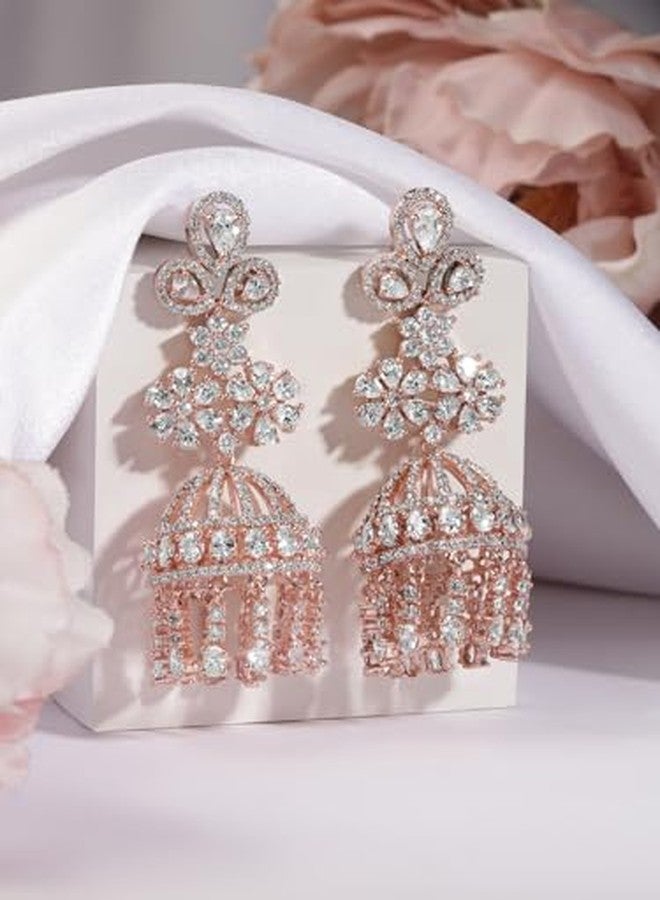 Rubans Women's & Girl's 22K Rose Gold-Plated AAA Cubic Zirconia Studded Dome-Shaped Jhumka Earrings - Image 4