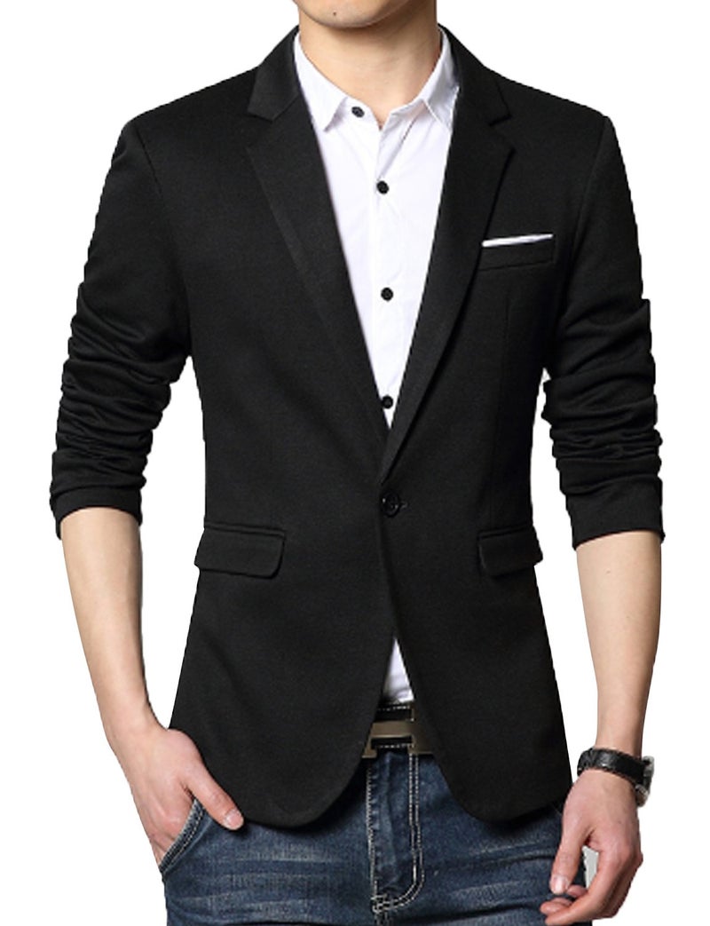 DAVID.ANN Men's Casual Fit One Button Center Vent Blazer Jacket,Black #3625,Small - Image 2