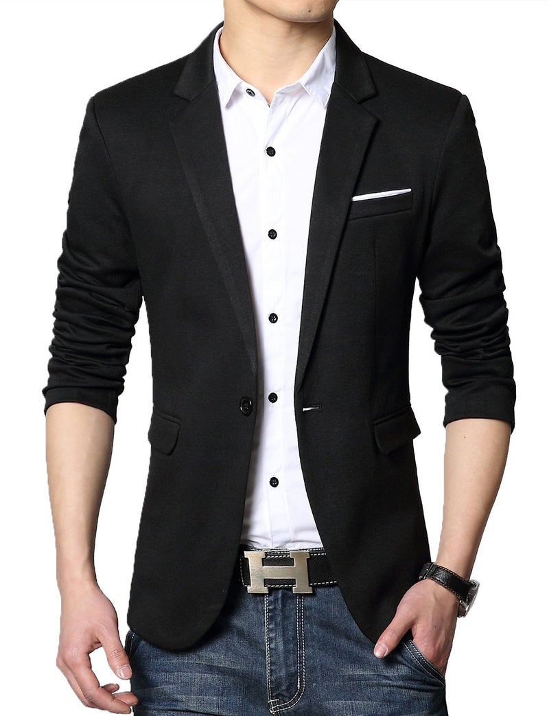 DAVID.ANN Men's Casual Fit One Button Center Vent Blazer Jacket,Black #3625,Small - Image 1