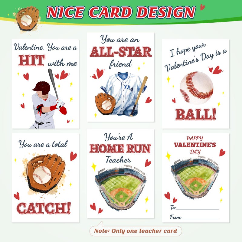 Gloween Baseball Valentines Day Box and Cards for Kids Classroom School Exchange, Great Valentines Gifts Party Favors for Boys Girls (1 Baseball Field Box, 32 Valentine Cards, 1 Teacher Card) - Image 4