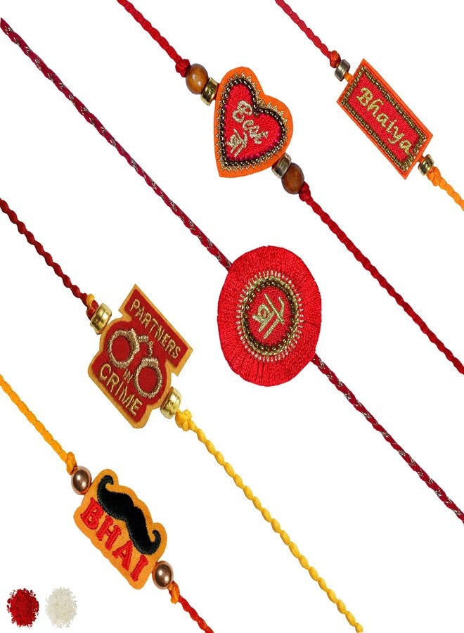MASQ مجموعة MASQ من Q-One Designer Rakhi Combo مع رولي شوال ومولي للرجال (عبوة من 5) | سوار راكشا باندان مطرز يدويا للأخ (Rakhi_Bhaiya_bro_Partner_Bhai_Bestbro) - Image 1